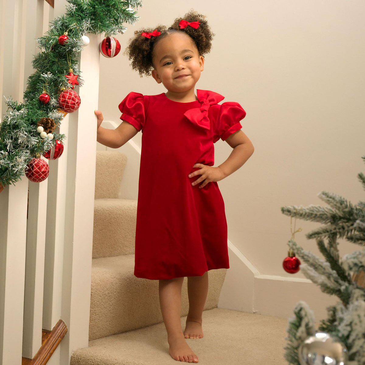 Red Bow Shoulder Velvet Dress