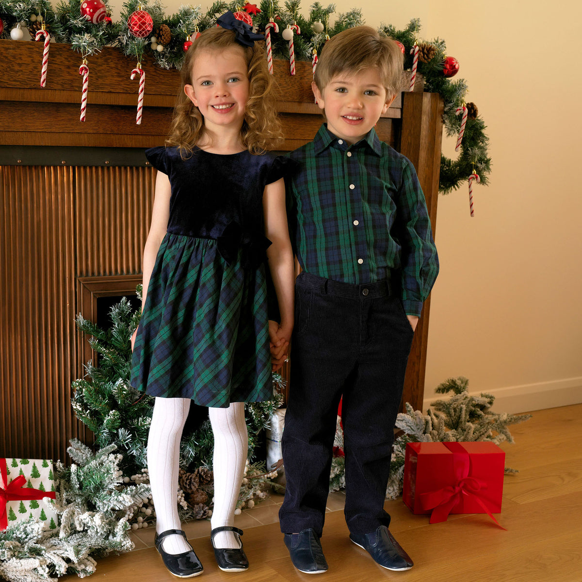 Navy Velvet Blackwatch Check Party Dress