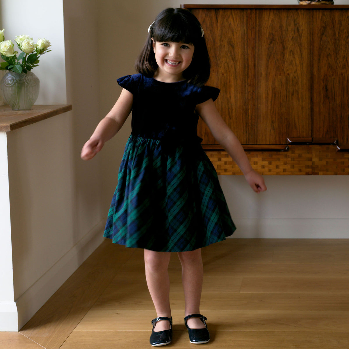 Navy Velvet Blackwatch Check Party Dress