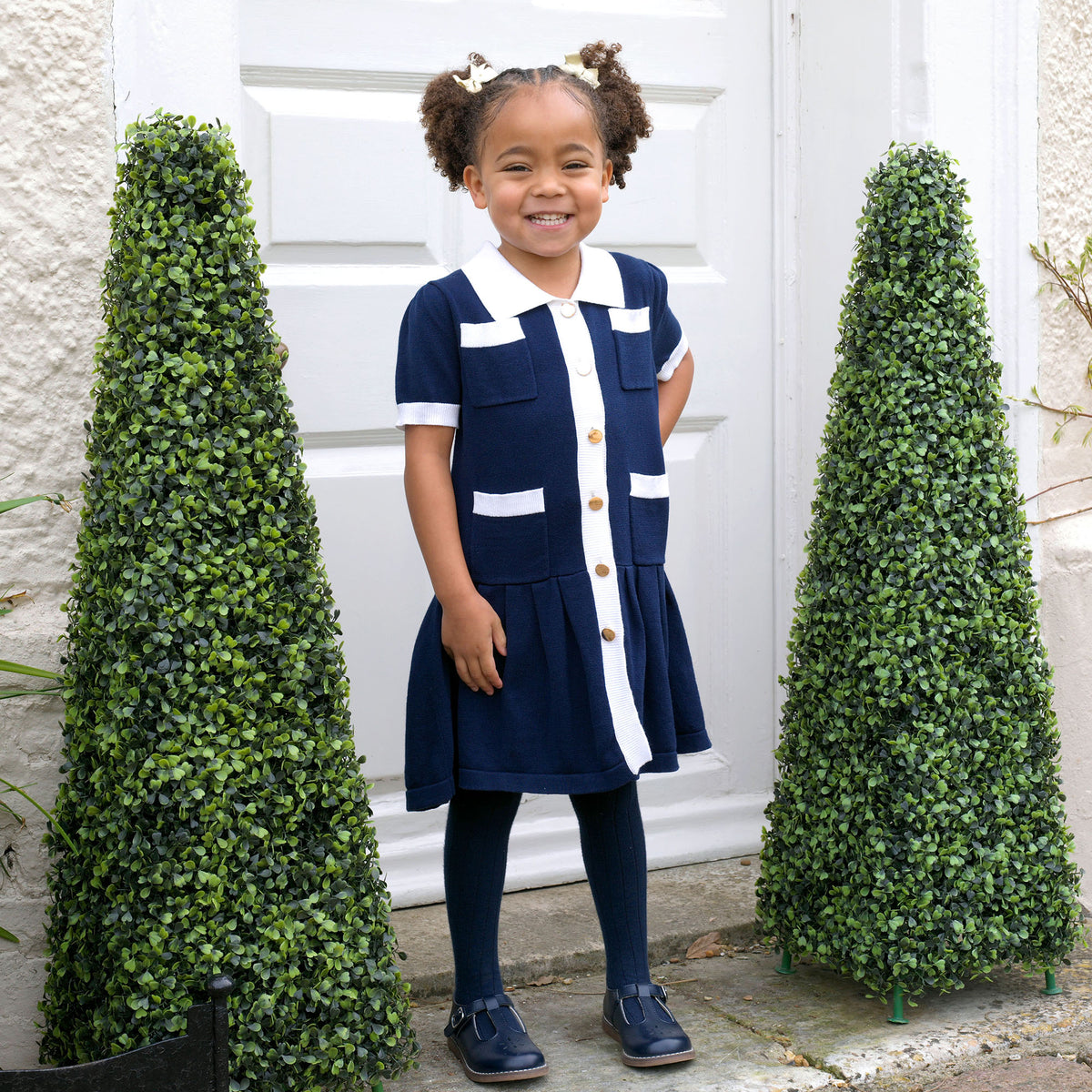 Navy Knit Pleated Dress