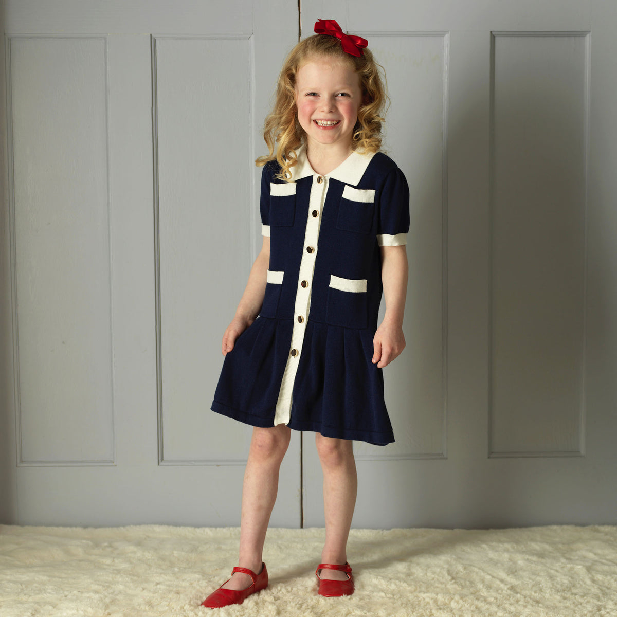 Navy Knit Pleated Dress