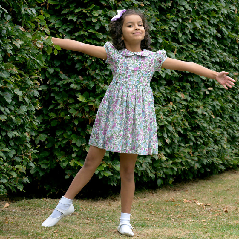 Purple Leafy Floral Frill Dress