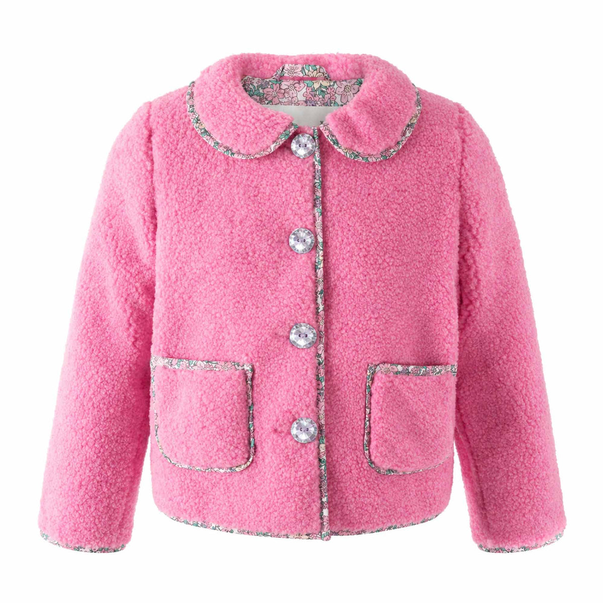 Pink Shearling Floral Trim Jacket