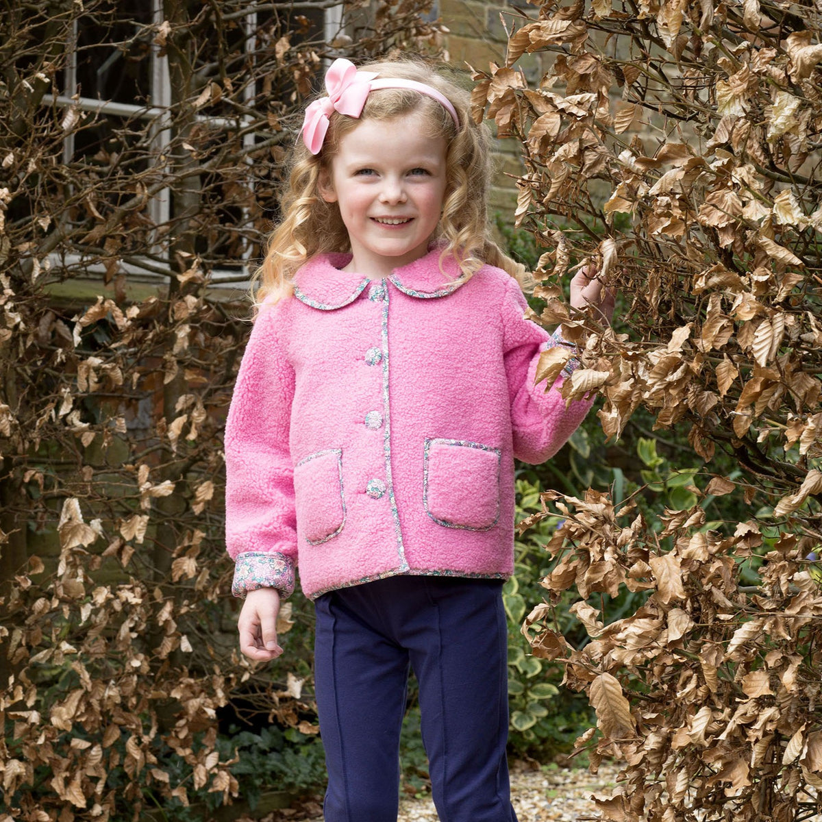 Pink Shearling Floral Trim Jacket