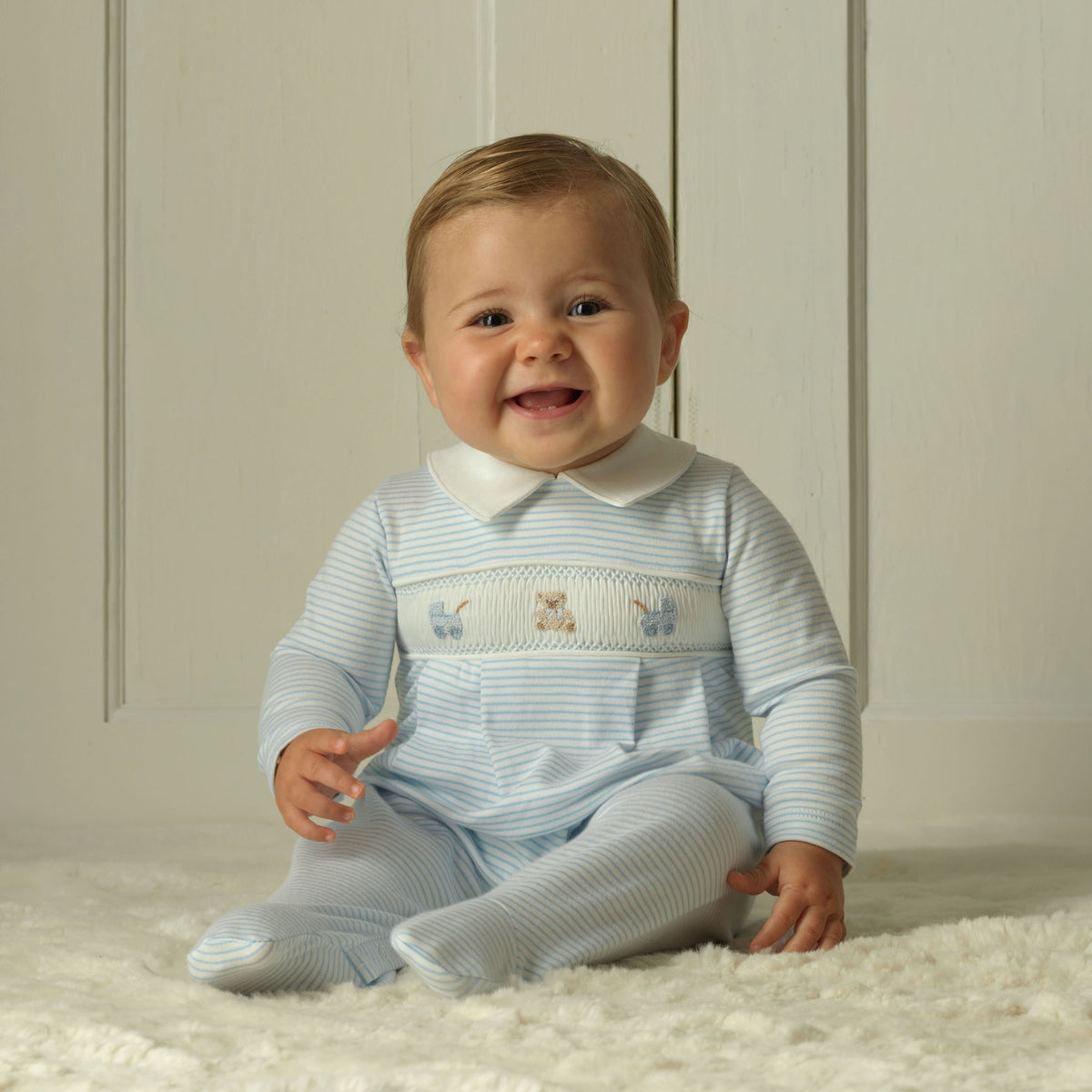 Blue Pram Embroidered Babygro