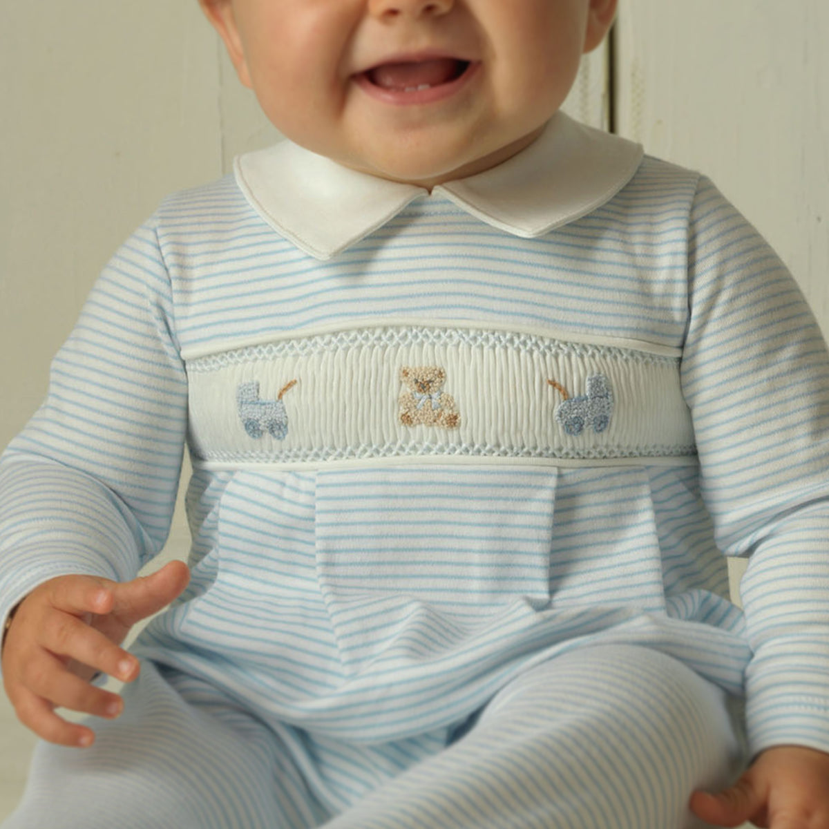 Blue Pram Embroidered Babygro