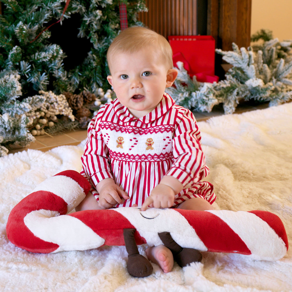 Red Candy Cane Smocked Babysuit