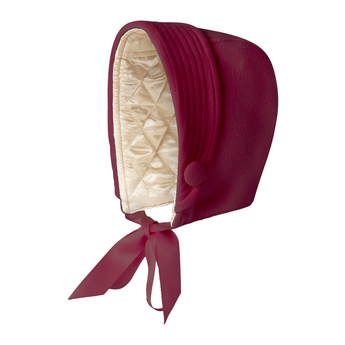 Burgundy Bonnet to pair with double breasted coat for baby boys, gold quilted lining and ribbon tie
