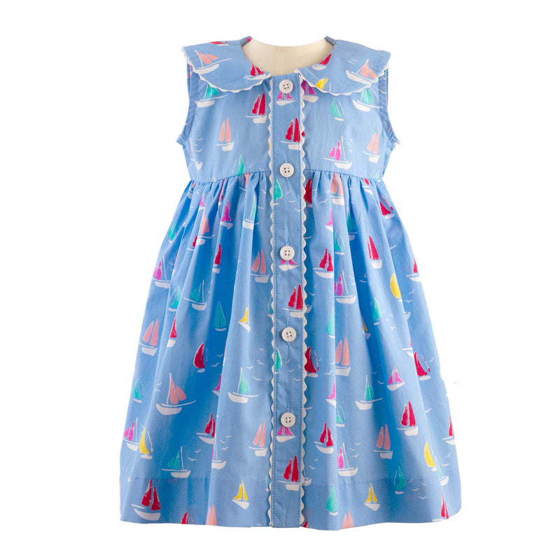 Sailboat Sleeveless Button-front Dress & Bloomers