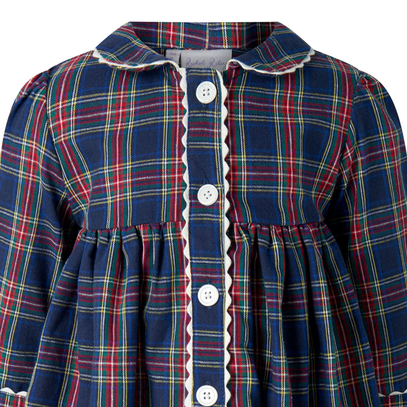 Navy Tartan LS button-front Dress & Bloomers