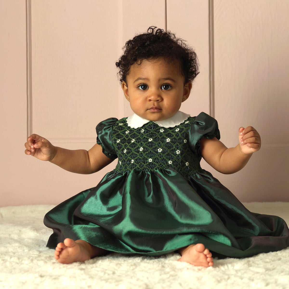 Green Taffeta Smocked Dress