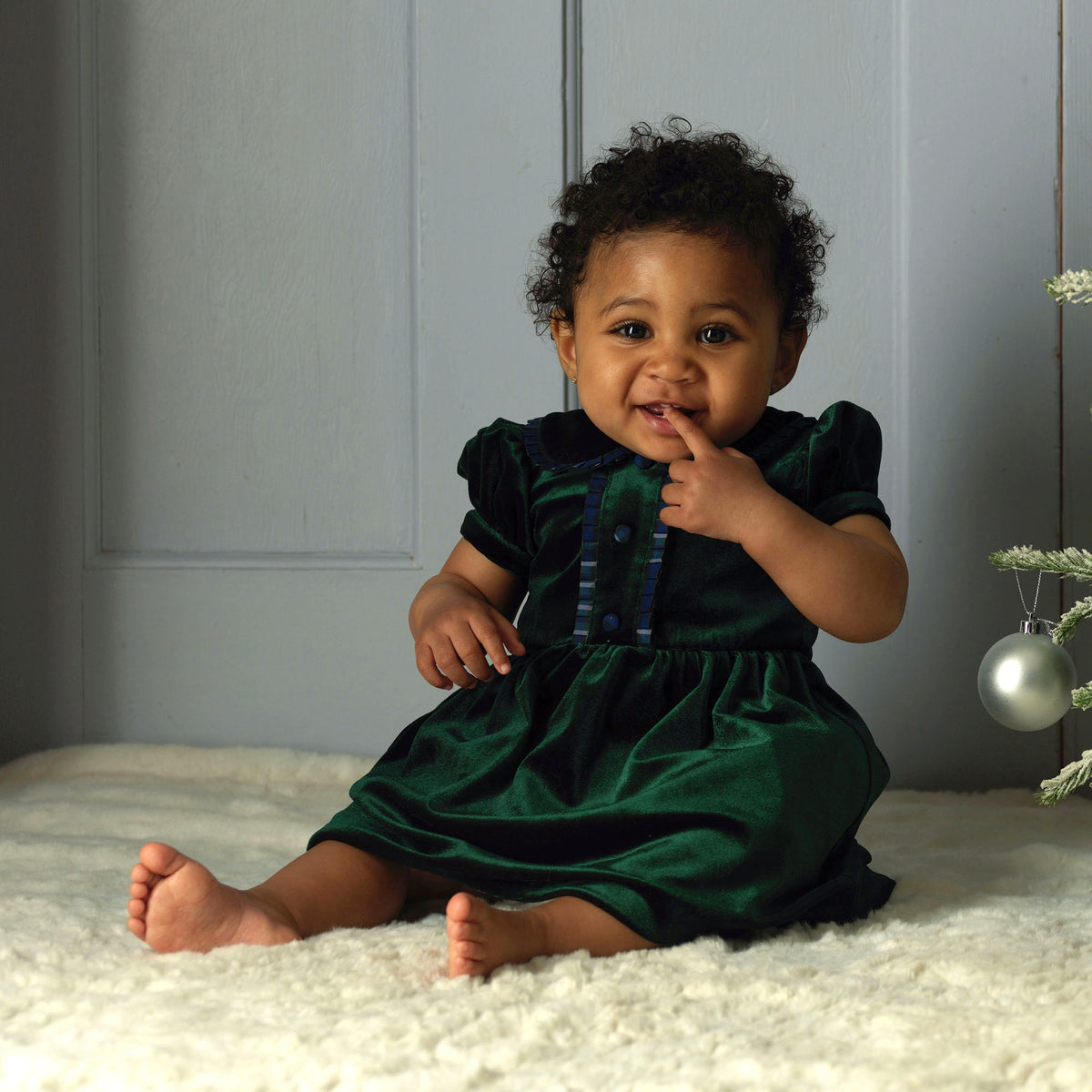 Green Velvet Tartan Trim Dress