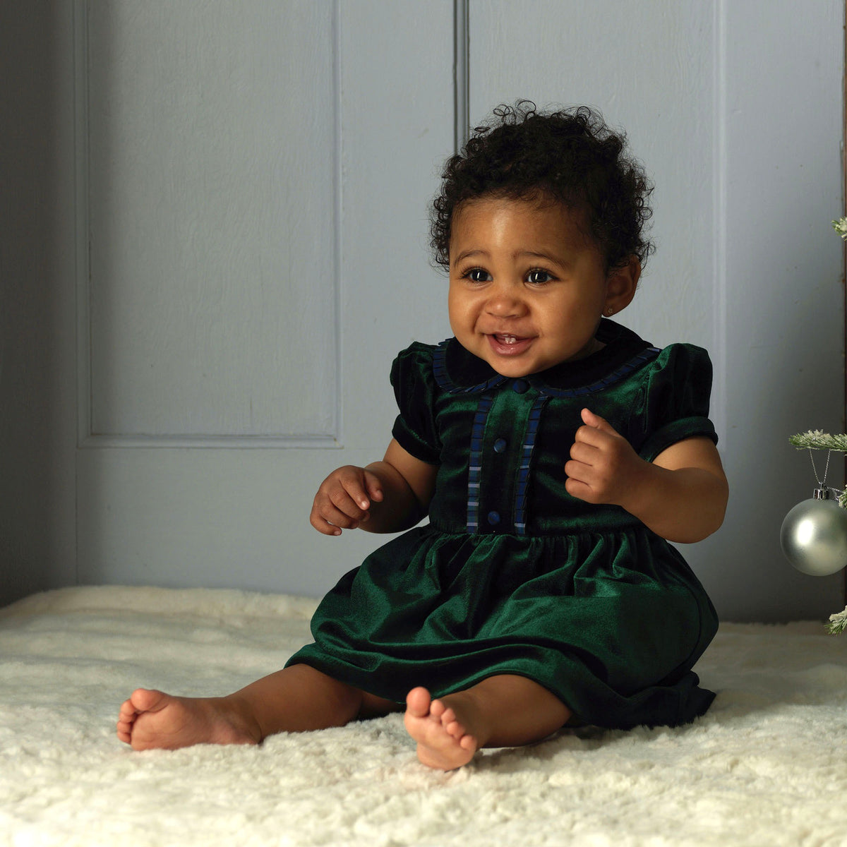 Green Velvet Tartan Trim Dress