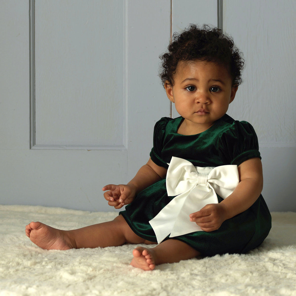 Green Velvet Contrast Bow Dress