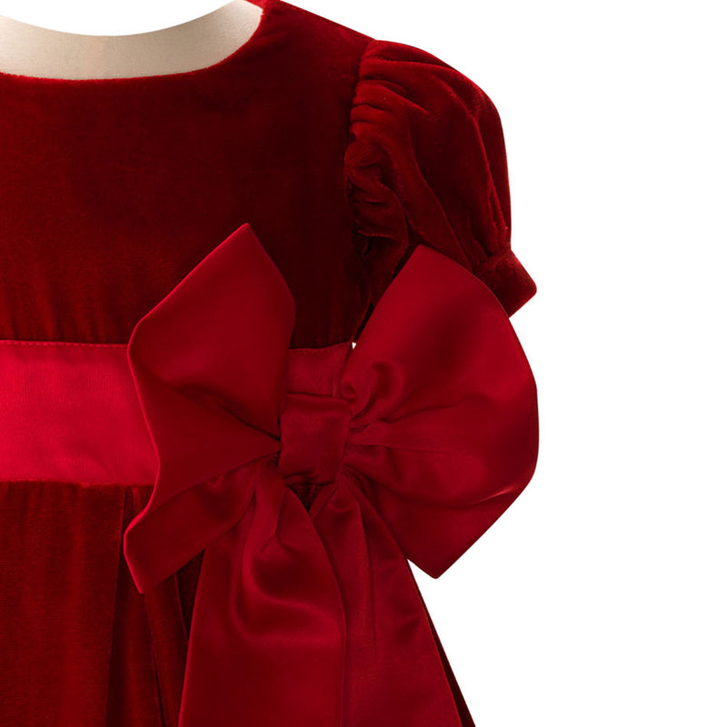 Crushed Velvet Bow Dress, Red