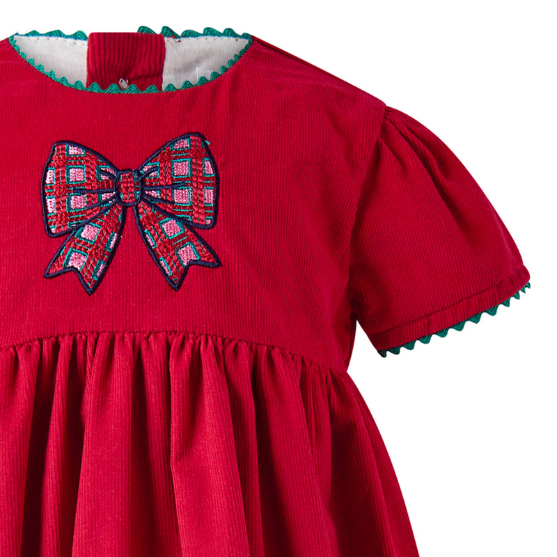 Red Tartan Bow Embroidered Dress & Bloomers