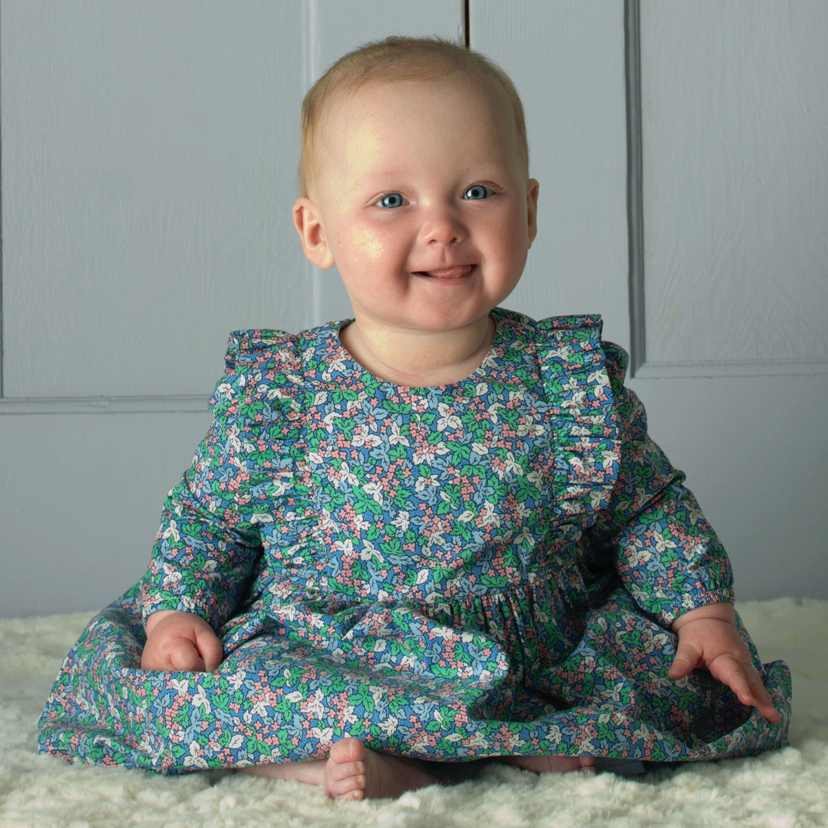 Blue Winter Blossom Frill Dress & Bloomers