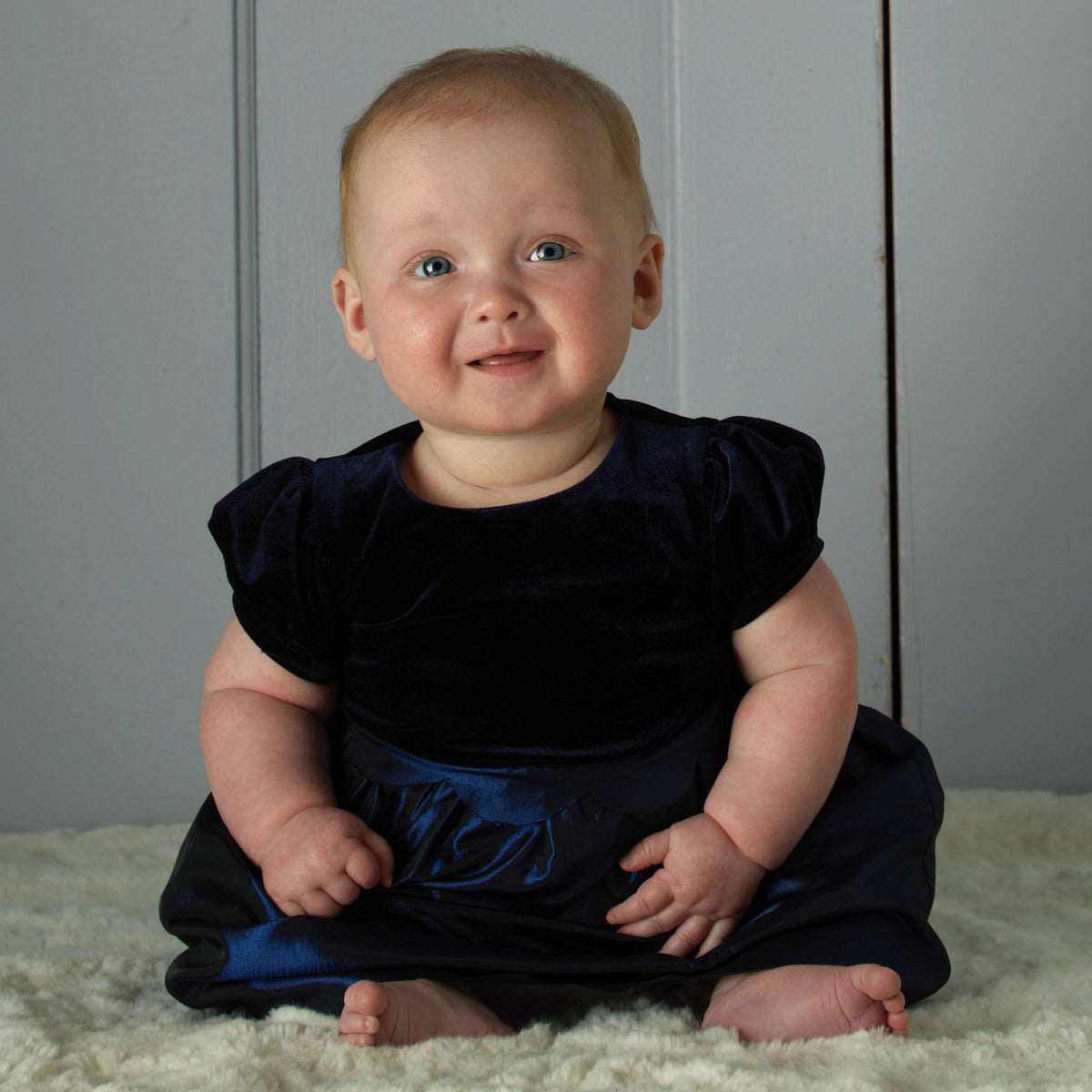 Navy Taffeta Scalloped Dress