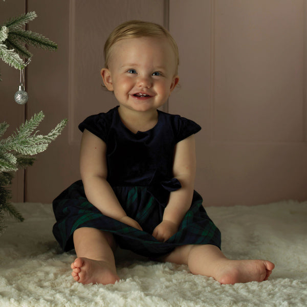Navy Velvet Blackwatch Check Party Dress
