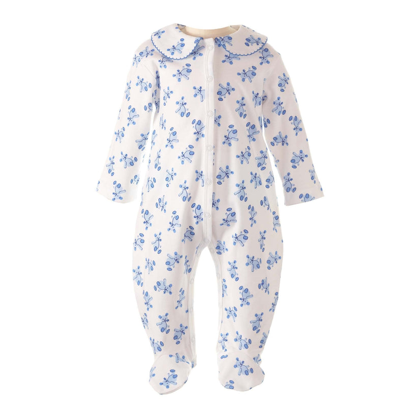 Soft cotton white babygro with blue teddy print and peter pan collar trimmed with blue picot.