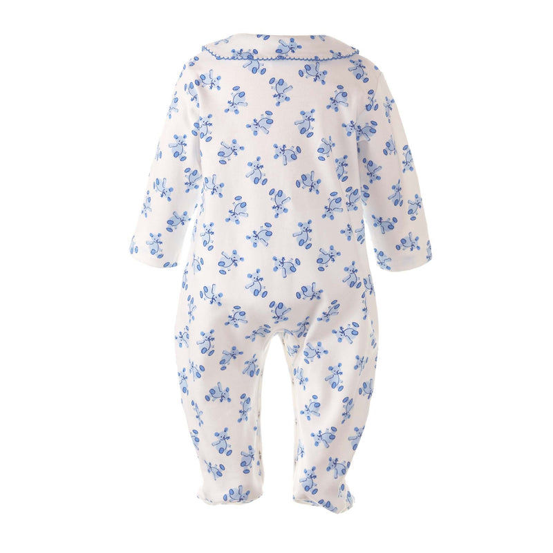 Soft cotton white babygro with blue teddy print and peter pan collar trimmed with blue picot.