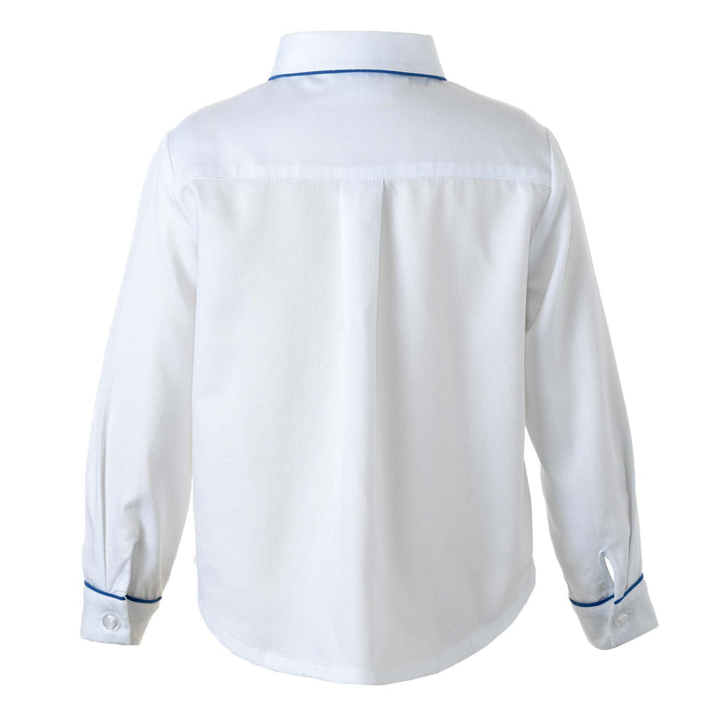 Boys white pique shirt, trimmed with blue pipping at collar edge, cufs and button placket.