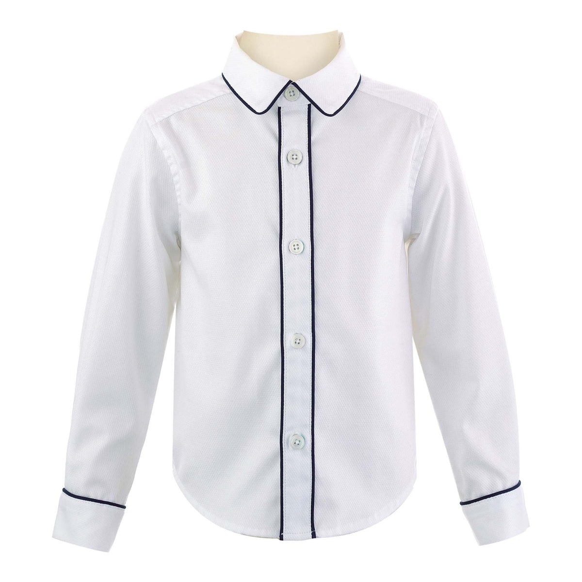 Boys white pique shirt, trimmed with navy pipping at collar edge, cufs and button placket.