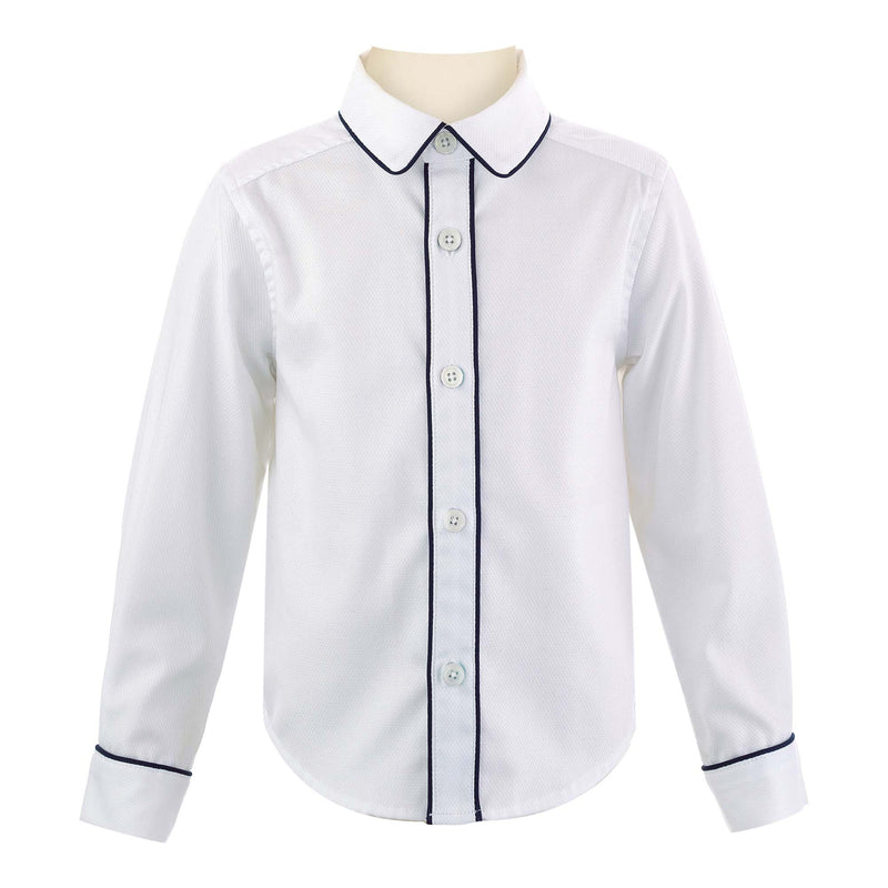 Boys white pique shirt, trimmed with navy pipping at collar edge, cufs and button placket.