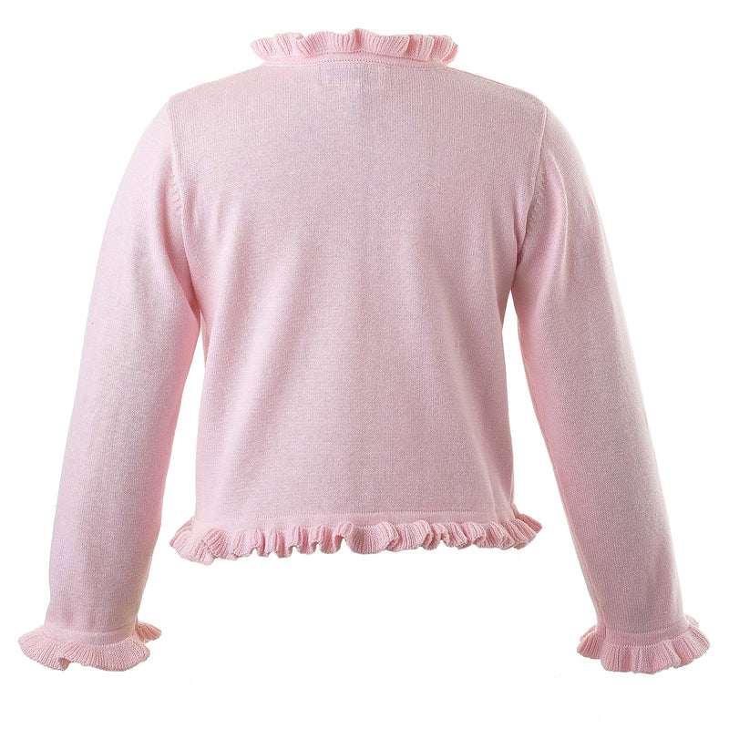 Girls pink cotton cardigan trimmed with frills at front, neck and sleeves and jewel buttons.