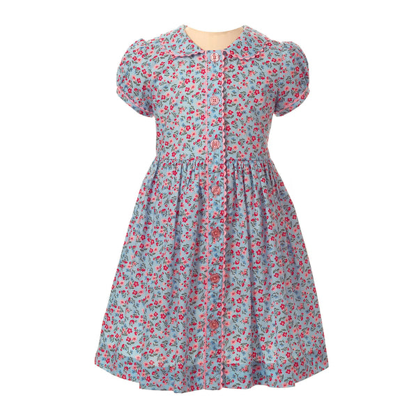 Girls blue floral button-front dress with puff sleeves, matching ricrac trims and buttons.