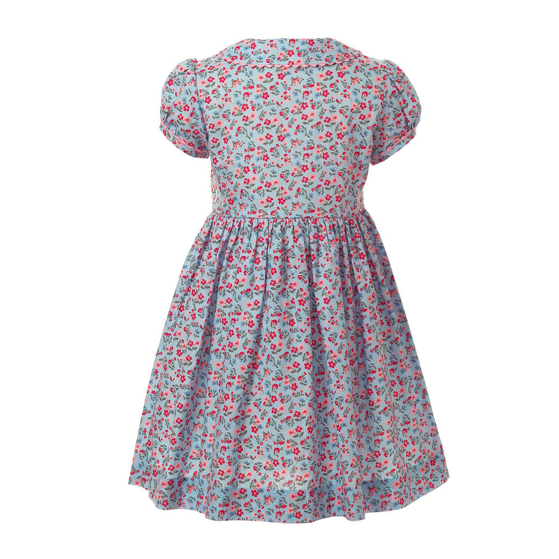 Girls blue floral button-front dress with puff sleeves, matching ricrac trims and buttons.
