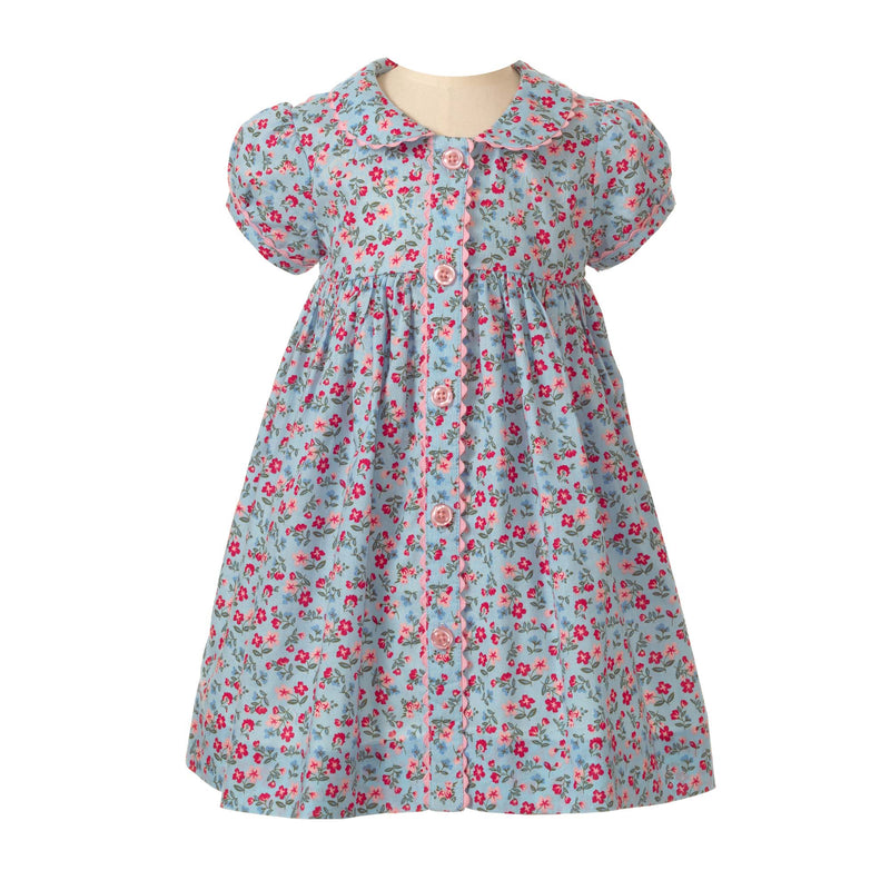 Babies floral button front dress in blue and pink, with puff sleeves and ricrac trims and buttons.