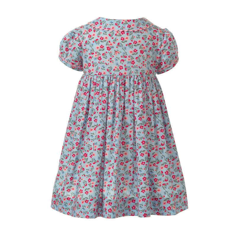 Babies floral button front dress in blue and pink, with puff sleeves and ricrac trims and buttons.