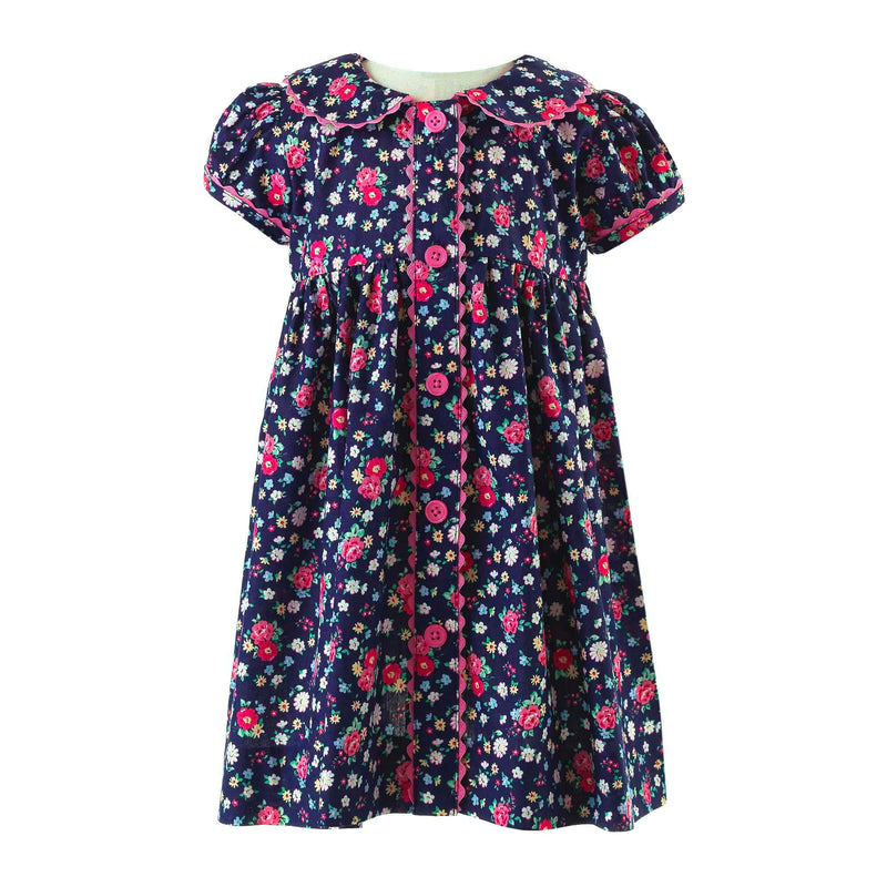Babies navy button-front dress with floral print, puff sleeves and pink ricrac trims and buttons.