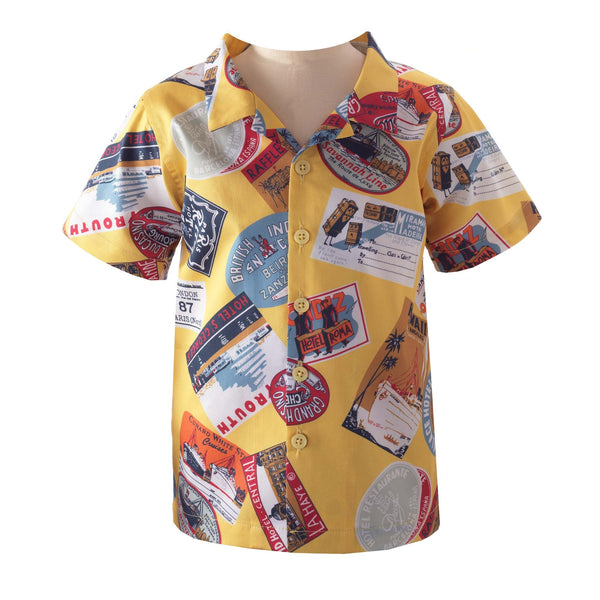 Boys open collar dusty yellow shirt with vintage travel stamp print and short sleeves
