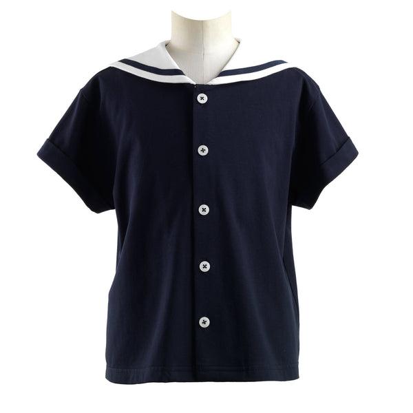 Boys navy jersey shirt with ivory sailor collar, trimmed with navy ribbon and turn-up cuffs.