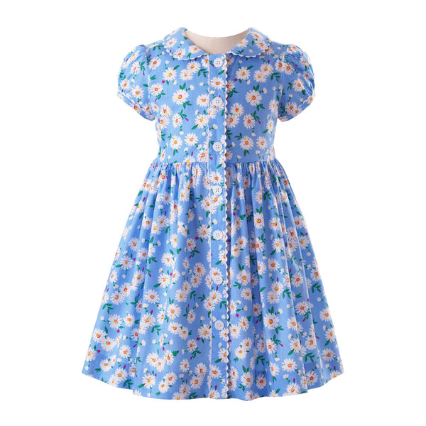 Girls button-front dress with ivory blossom daisy print on soft blue base, contrasting ricrac trim and buttons.