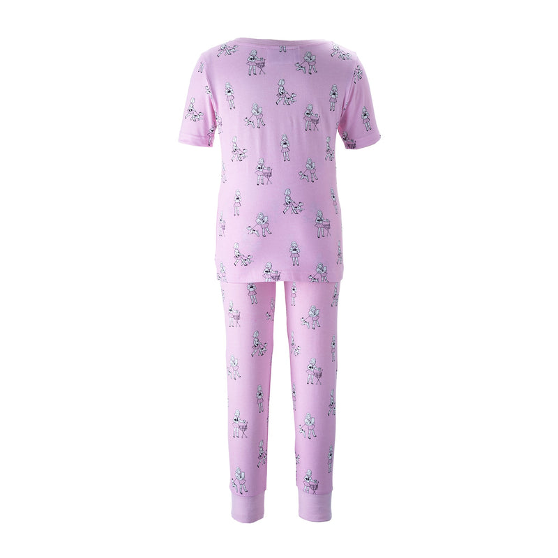 Girls pink jersey pyjamas with cute dolly print.