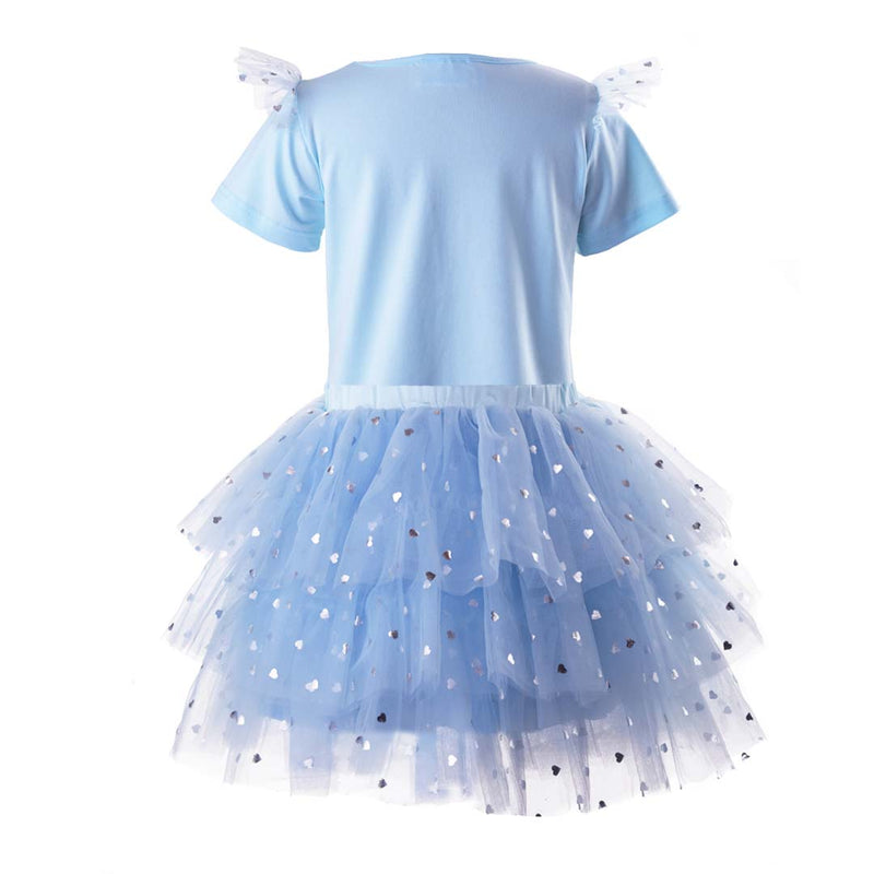 Blue short sleeve tutu & top set decorated with silver heart and sequins.