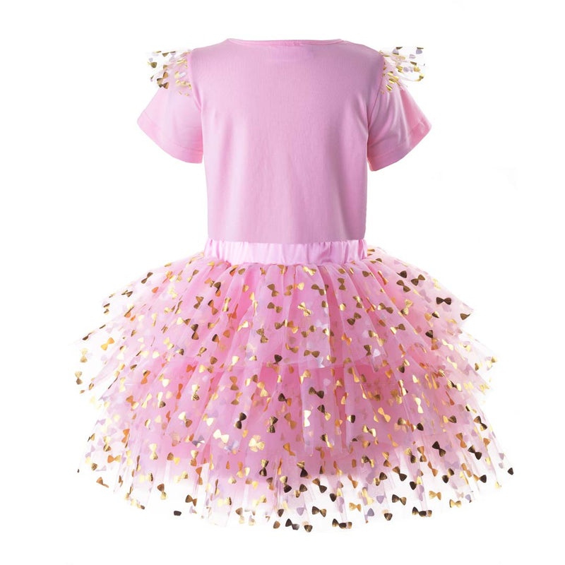 Pink short sleeve tutu & top set decorated with gold bow and sequins.