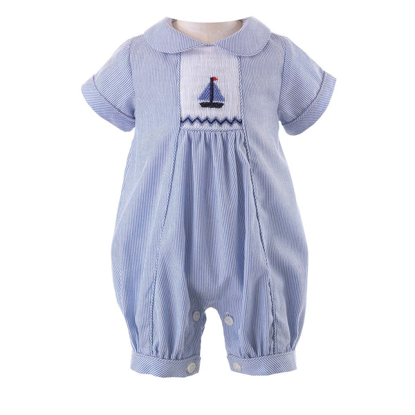 Blue striped babysuit with sailboat smocked motif on the chest and peter pan collar