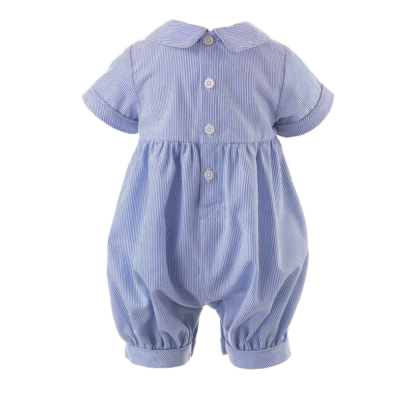 Blue striped babysuit with sailboat smocked motif on the chest and peter pan collar