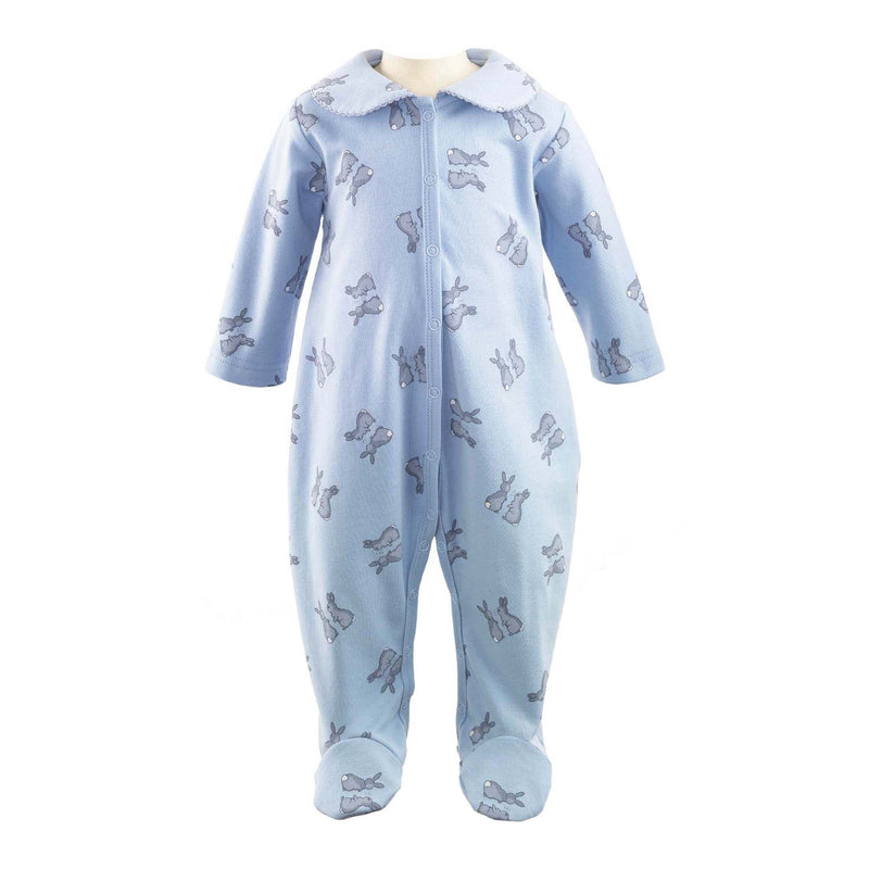 Soft cotton blue babygro with grey bunnies print and peter pan collar trimmed with grey picot.