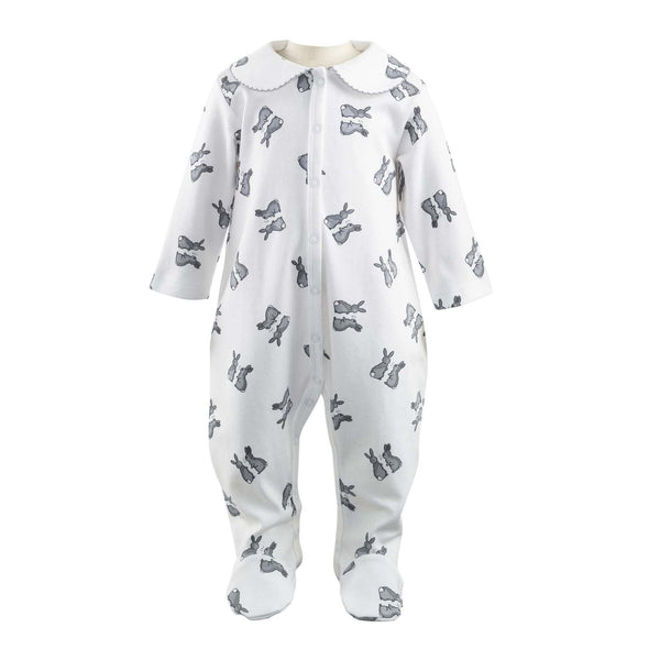 Soft cotton white babygro with grey bunnies print and peter pan collar trimmed with grey picot.