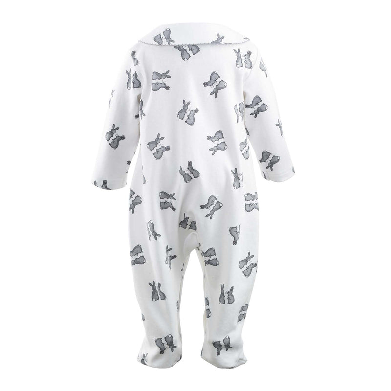 Soft cotton white babygro with grey bunnies print and peter pan collar trimmed with grey picot.