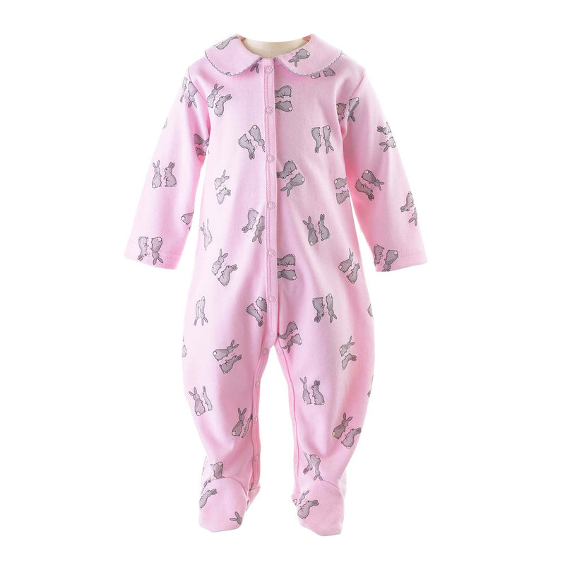 Soft cotton pink babygro with grey bunnies print and peter pan collar trimmed with grey picot.