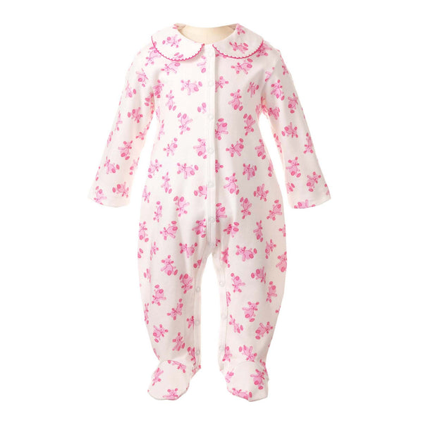 Soft cotton ivory babygro with pink teddy print and pink picot trimmed peter pan collar.