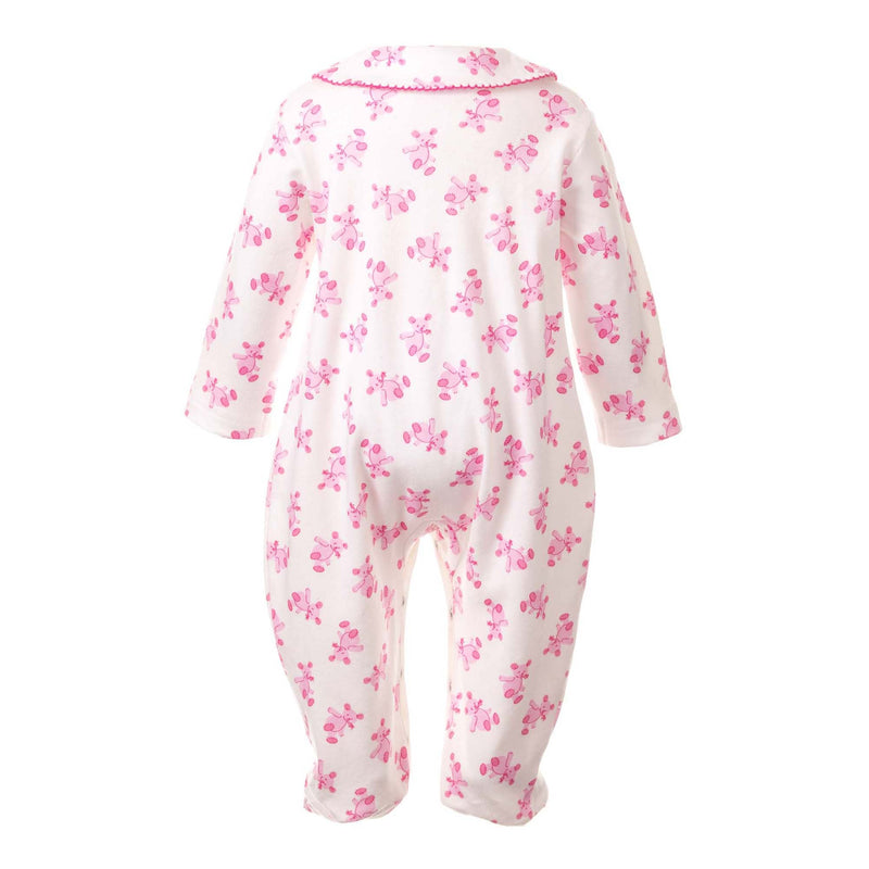 Soft cotton ivory babygro with pink teddy print and pink picot trimmed peter pan collar.