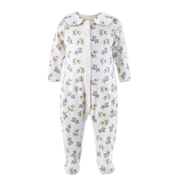 Soft cotton ivory babygro with grey and yellow lamb print and grey picot trimmed peter pan collar.