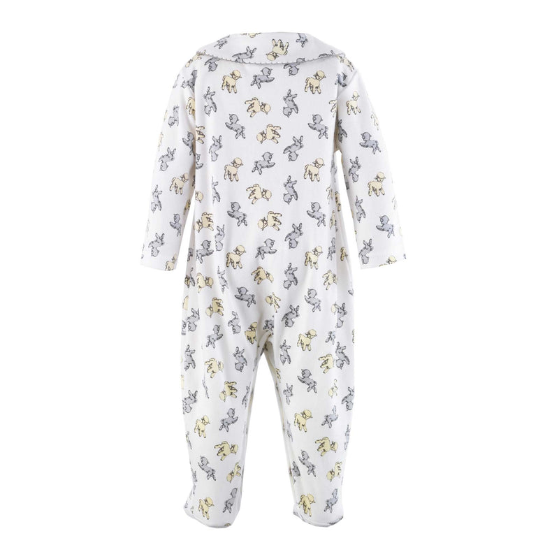 Soft cotton ivory babygro with grey and yellow lamb print and grey picot trimmed peter pan collar.